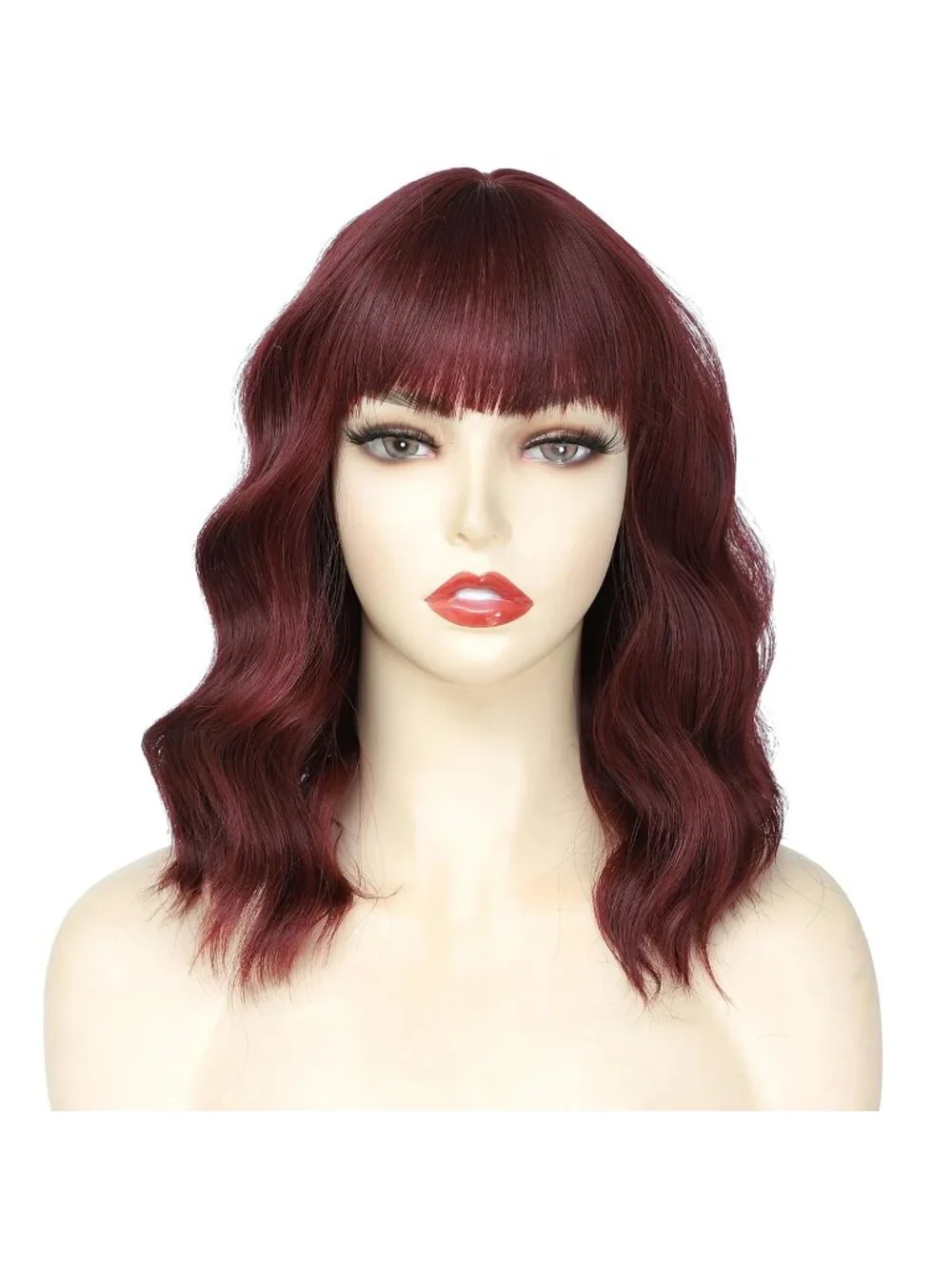 Women's Wine Red 14 Inch Heat Resistant Short Wavy Hair Pastel Bob Wig Bangs
